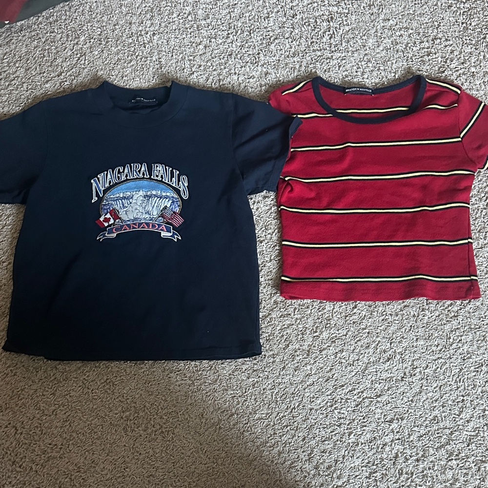 Brandy Melville Black Graphic Tee and Red Striped Tee Set